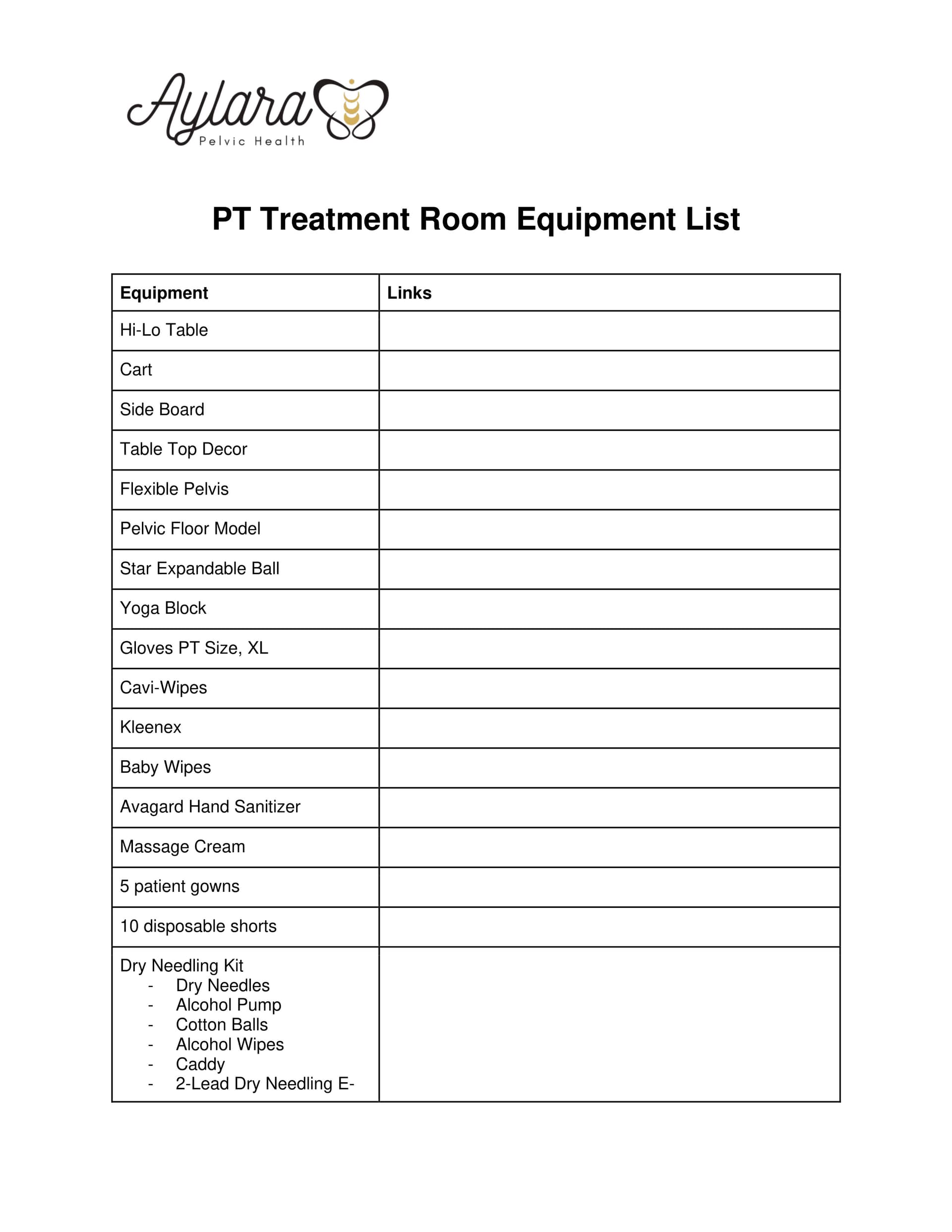 PT Treatment Room Equipment List preview